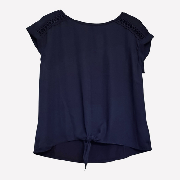 NWT Women's FORTUNE + IVY Navy Blouse with Crochet Detail and Tie Front, Size M - Picture 2 of 11